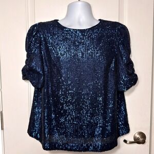 Anthropologie Navy Blue Sequin Puff Sleeve Blouse Party Holiday Top Size 12 NEW